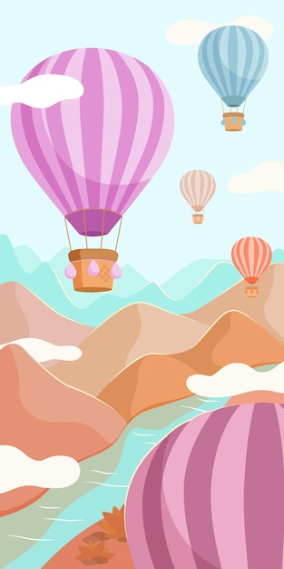 Vector multicolored balloons with baskets fly over the river and mountains