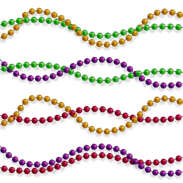 Vettore branelli multicolori su una priorità bassa bianca. bellissima catena di diversi colori. le perle pure sono realistiche. elemento decorativo dal design a sfera dorata.