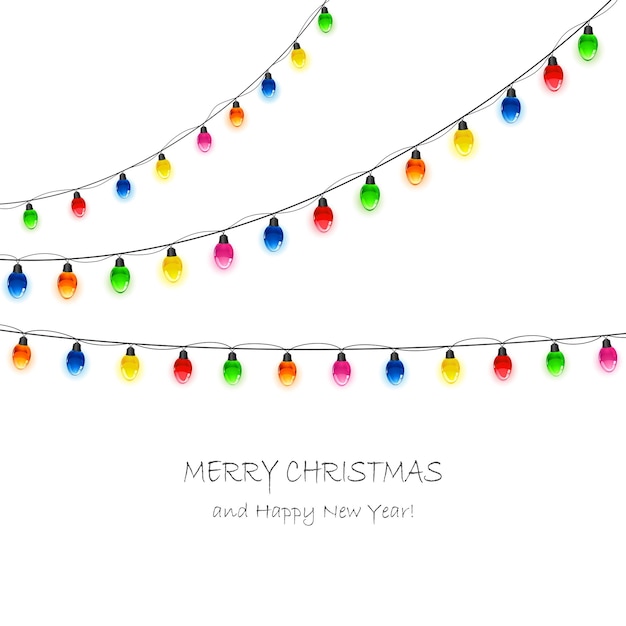 Multicolored Christmas light bulbs hanging on white background illustration