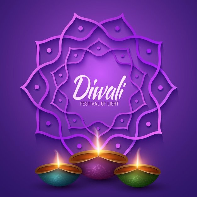 Multicolored Diya lamps with 3d mandala of paper Traditional cover for Diwali festival of light Burning flame Festive banner for website Greeting card in Indian style Vector illustration