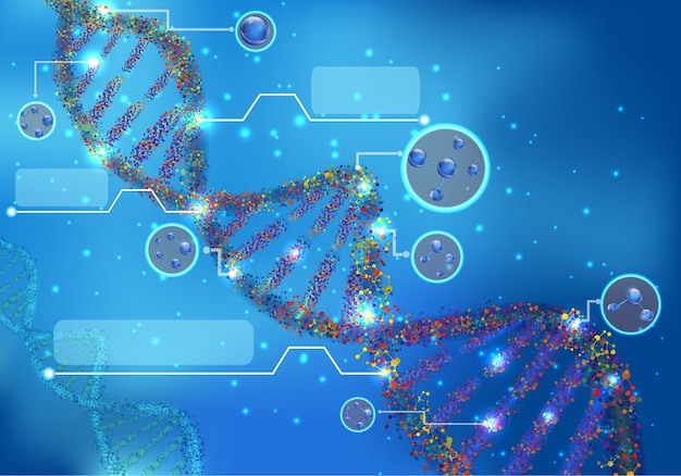 Multicolored DNA molecules on science background