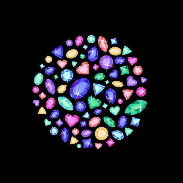 Multicolored gemstones of different shapes are gathered in a circle. T-shirt print, poster, sticker.