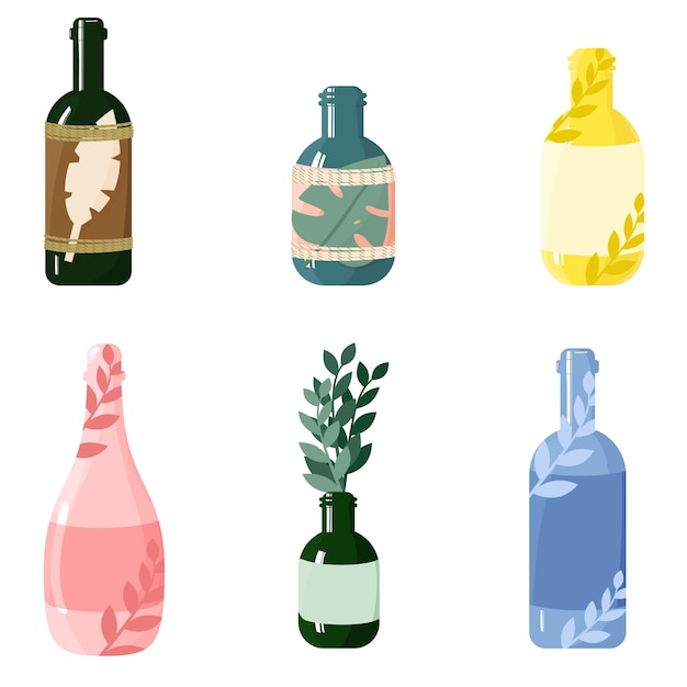 Multicolored glass bottles with leaves