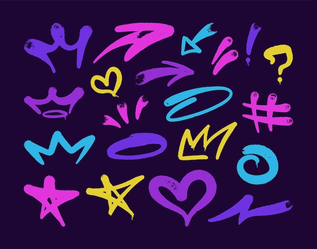 Vector multicolored graffiti elements set sprayarrowscrownheart and stars