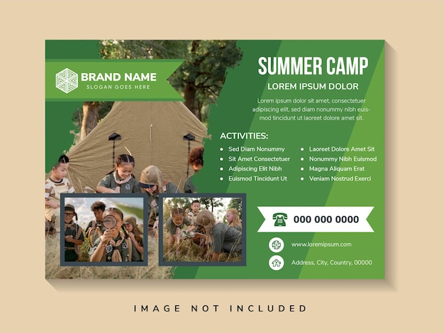 multicolored green flyer template design with example headline is summer camp