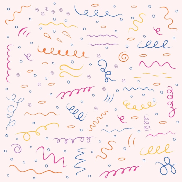 Vector multicolored hand drawn doodle set. includes different swirls, circles, bubbles, ovals
