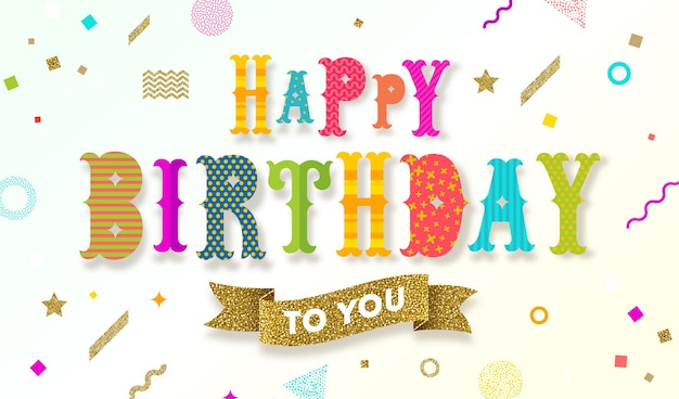 Vector multicolored happy birthday greeting with glitter gold banner on a  abstract shape background