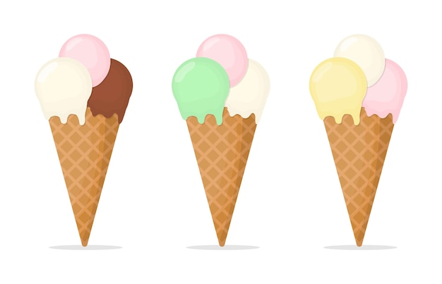 Vector multicolored ice cream in a cone set