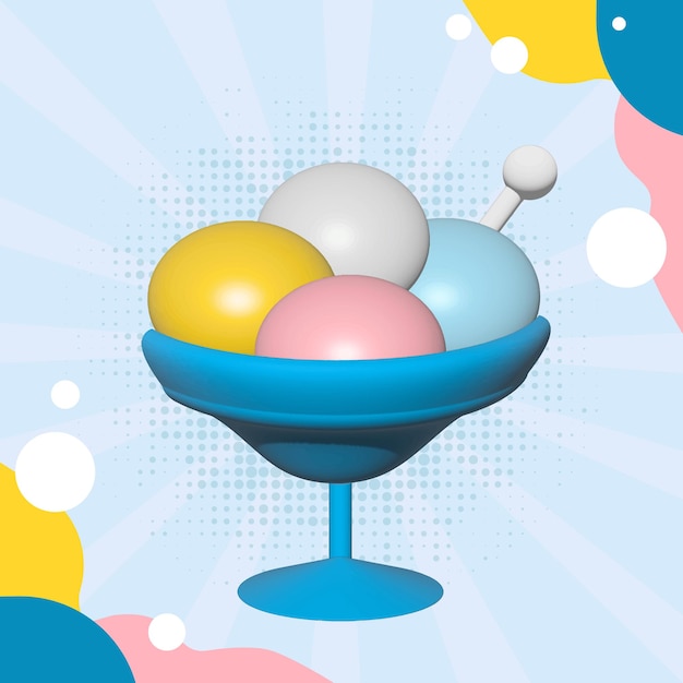 Multicolored ice cream in glass on blue background 3D illustration