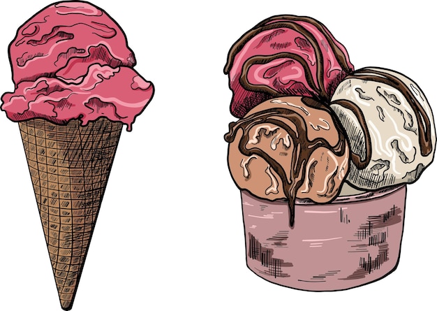 Multicolored ice cream set sweet pastries vector line art