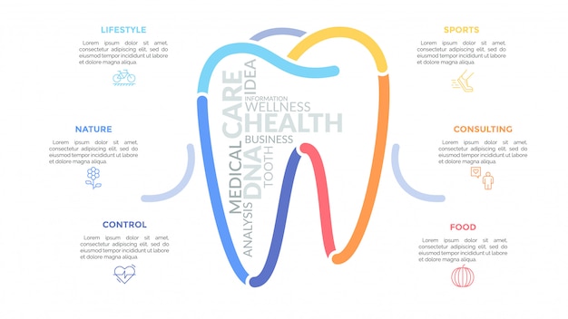 Разноцветные линии, образующие зуб знак в окружении линейных значков и текстовых полей. концепция здравоохранения, стоматологического здоровья и медицинского обслуживания.