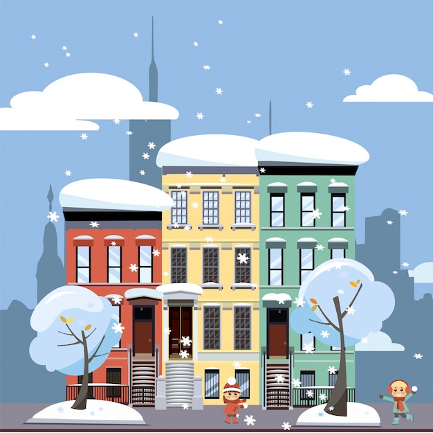 Case accoglienti multi-party multicolori. paesaggio invernale della città. paesaggio urbano di strada con bambini che giocano.
