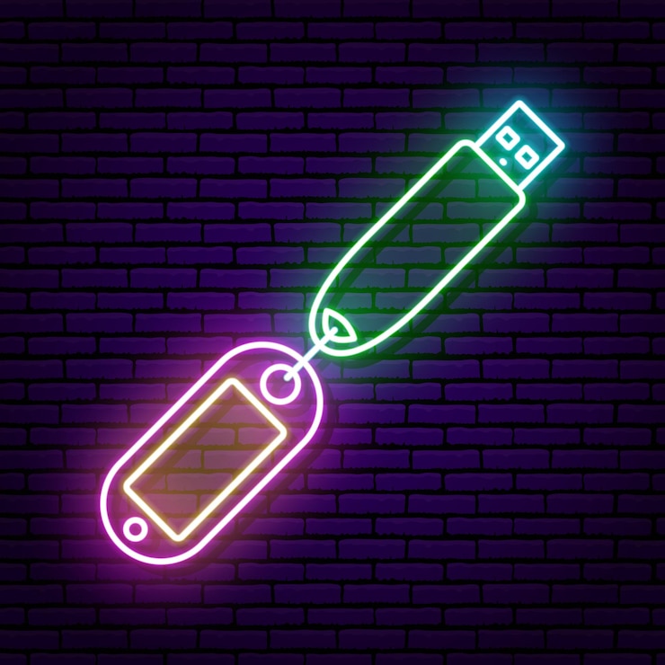 Vector multicolored neon sign usb flash drive with tags for the inscription