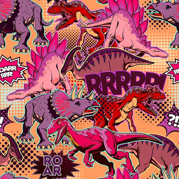 Multicolored pattern of dinosaurs in the style of pop art for printing and design Vector illustration