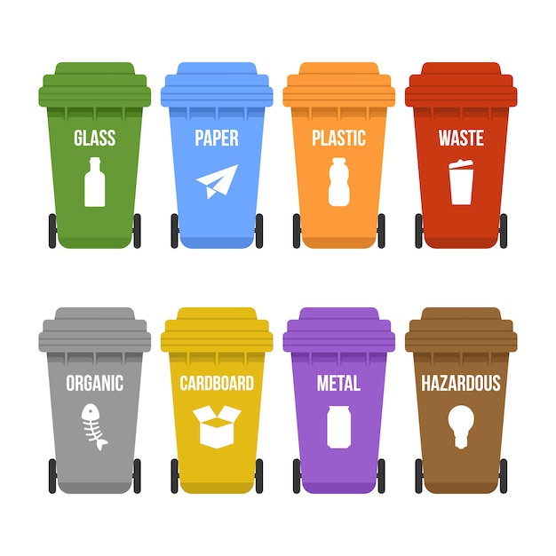 Vector multicolored recycle waste bins on wheels for separate garbage collection