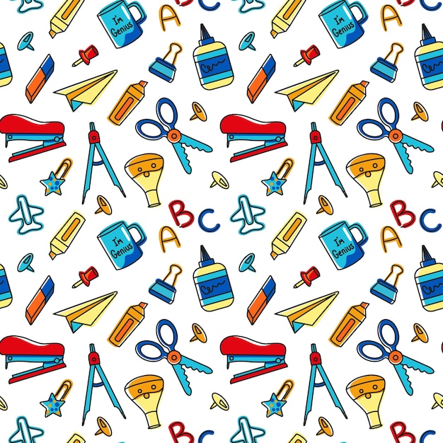 Multicolored school supplies seamless pattern Back to school Vector
