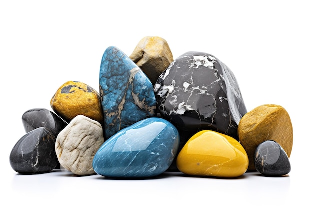 Multicolored sea stones isolated white background