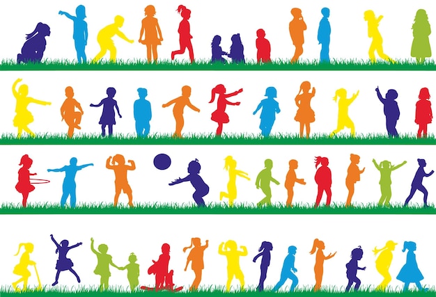 Vector multicolored silhouettes of children playing on the grass