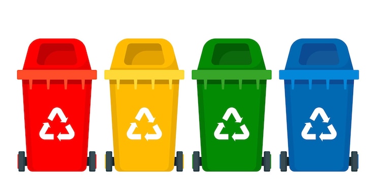 Vector multicolored trash bins with recycling symbols for ewaste plastic metal glass paper organic trash