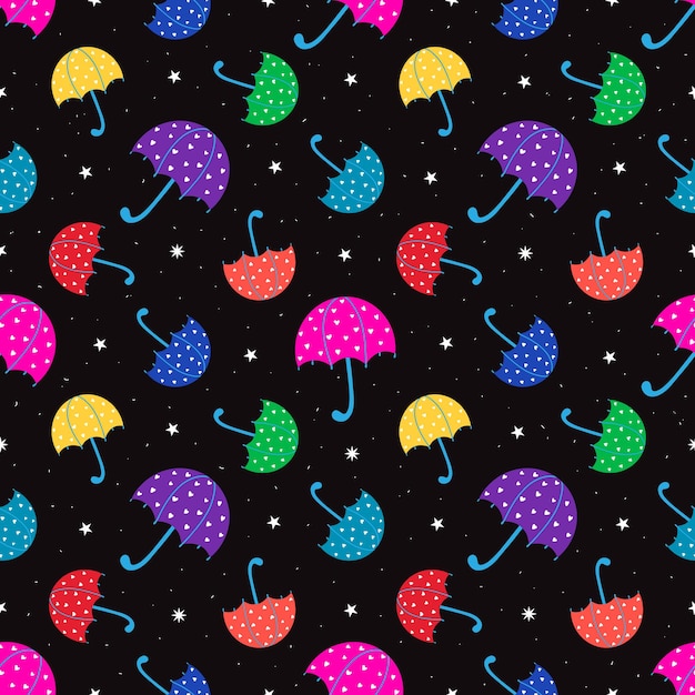Multicolored umbrellas and stars on a black background form a seamless pattern. vector illustration