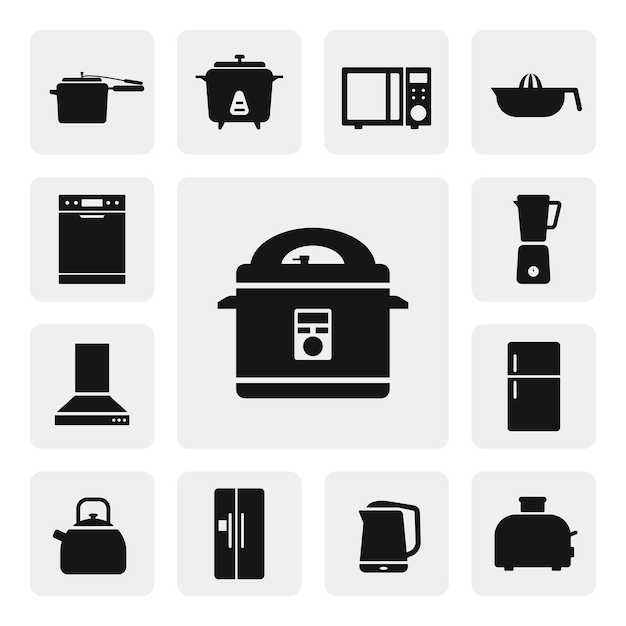 Vector multicooker, pressure cooker web icon sign silhouette solid black vector. cooking, kitchen icon set