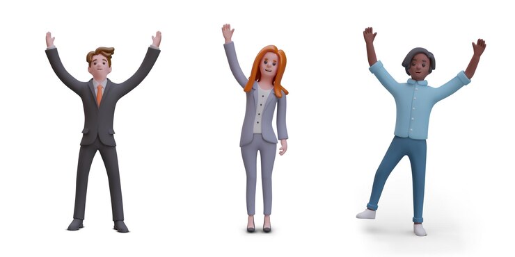 Vector multicultural business workers friendly businesswoman in office clothes rising up hand