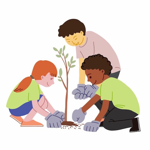 Multicultural children are taking part in a tree planting activity with the environmental community