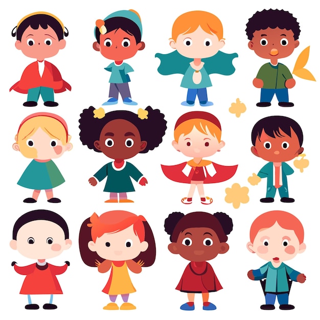 Multicultural Children in Flat Art Style on a White Background Spreading Smiles and Happiness