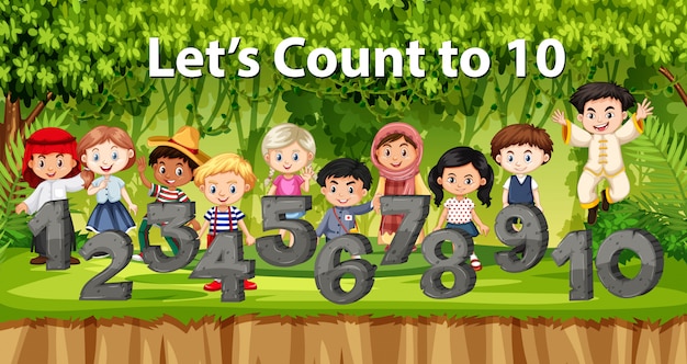 Multicultural children and number in jungle background