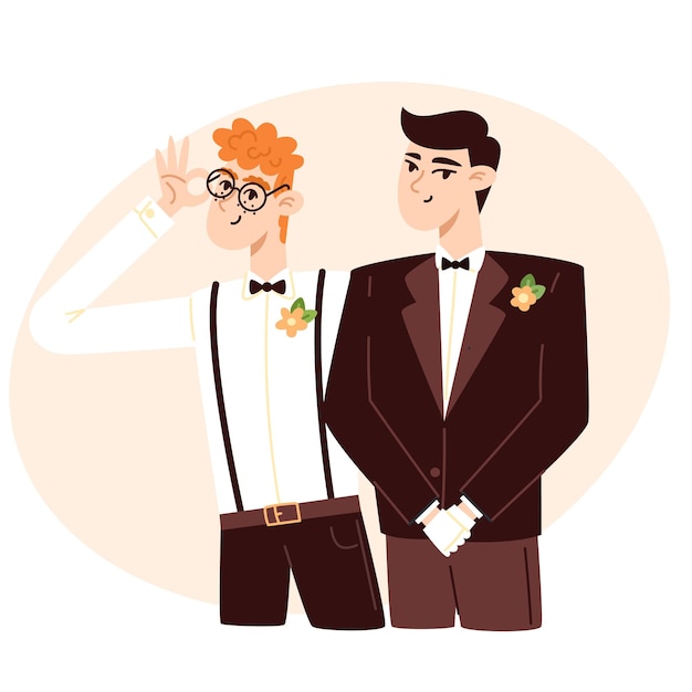 Multicultural couple at the wedding flat style illustration