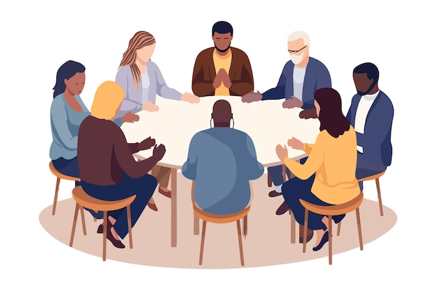 Vector multicultural group gathers at table for joint prayer men and women seeking guidance and blessings from a higher power faith spirituality vector image