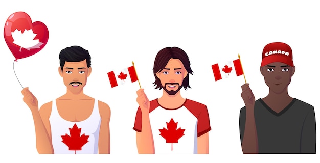캐나다 깃발을 들고 캐나다의 날을 축하하는 남자의 다문화 그룹.