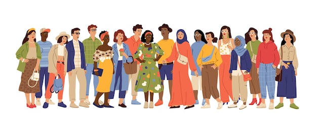 Multicultural people crowd. diverse person group, isolated\
multi ethnic community portrait. adult african european swanky\
vector characters. crowd multicultural, woman and man different\
illustration