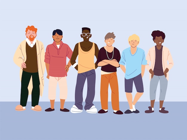 Vector multicultural people, men with different in casual clothes