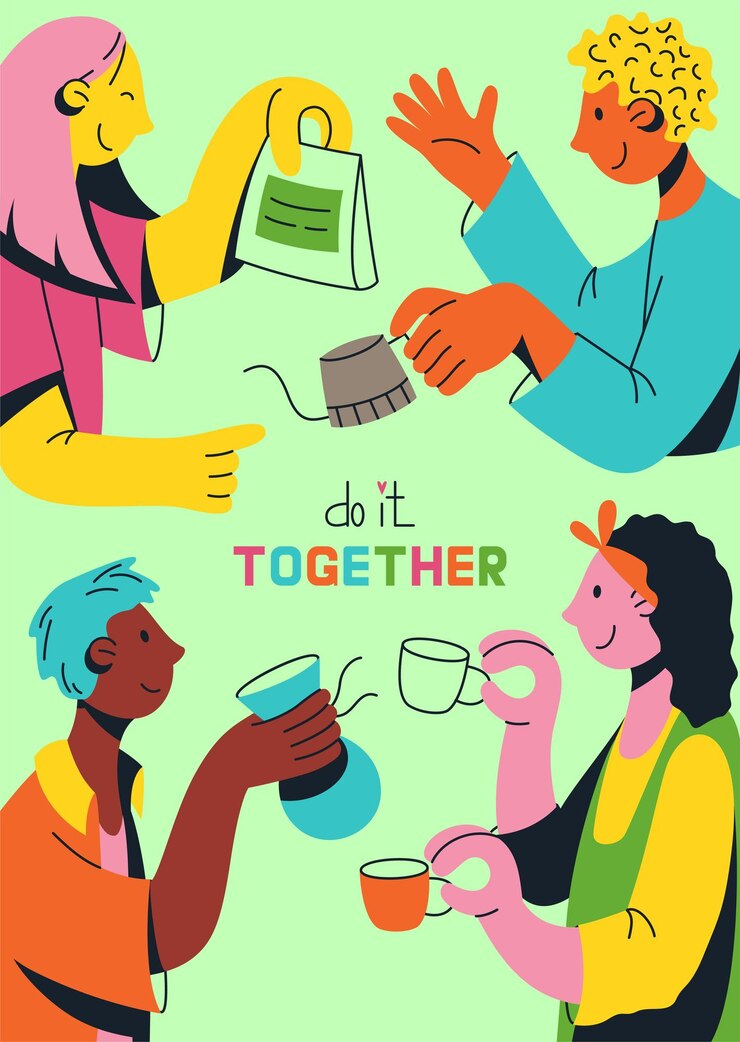 Vector multicultural team of oung people flat vector illustration unity in diversity people with tools for making coffee concept for the coffee industry