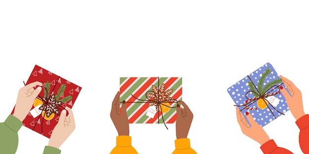 クリスマスのプレゼントを握る多文化の女性 ベクトル背景