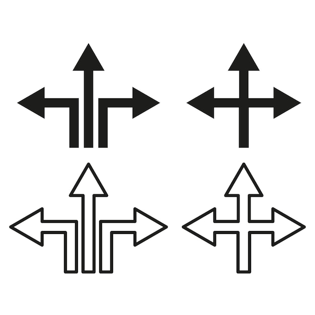 Icone a freccia multidirezionale simboli di segnaletica di incrocio decisione e opzioni di direzione