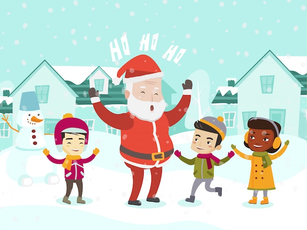 Multiethnic children playing with santa claus