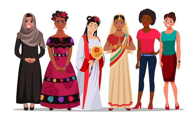 一緒に立っているさまざまな年齢の人種の衣装の多民族の女性コミュニティの若い女の子のキャラクター