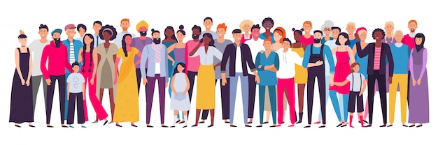 Vector multiethnic group of people. society, multicultural community portrait and citizens. young, adult and elder people  illustration