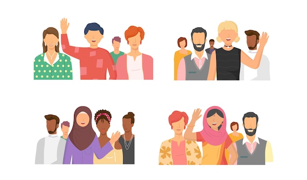 Vector multiethnic group of people standing together community and togetherness concept diversity portrait