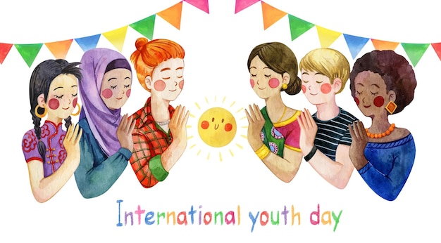 Vettore gruppo multietnico di giovani amicizia giornata internazionale della gioventù acquerello isolato su bianco
