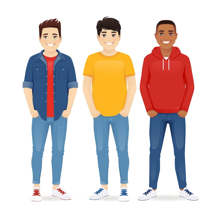 Vector multiethnic men friends. three different male faces. asian, african and caucasian standing isolated