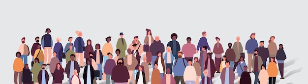 Vector multiethnic people group mix race men women crowd in casual clothes standing together diversity multiculturalism concept horizontal portrait vector illustration