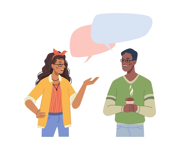 Vector multiethnic people man and woman talking bubbles