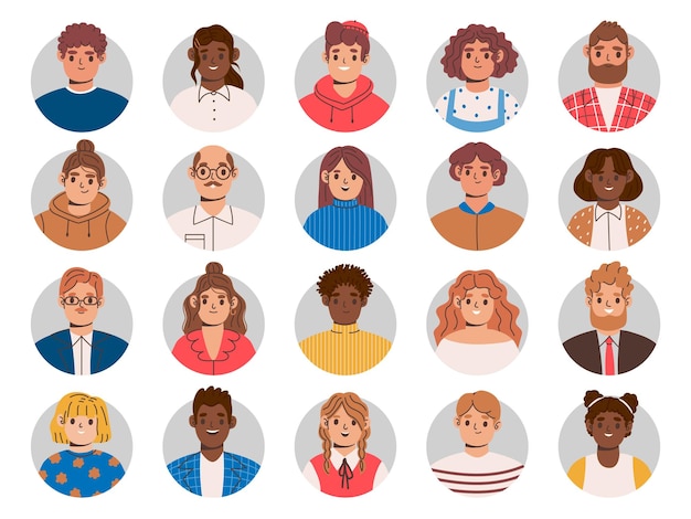 Vector multiethnic people portraits employee avatar professional person profile picture and team persons userpic in circle frame vector illustration set