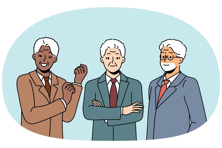 공식적인 옷을 입은 다민족 고위 사업가들이 미소 짓고 화면을 자신감 있게 바라보고 있습니다.