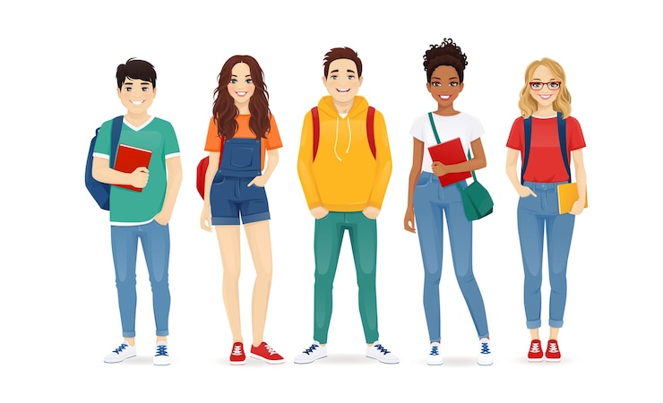 Vector multiethnic young people in casual clothes