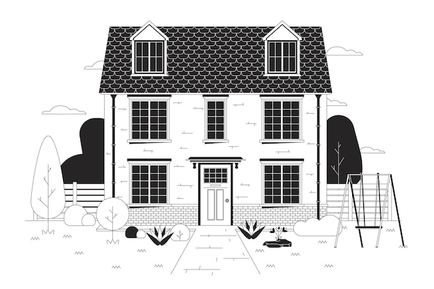 スイング・グリーン・ヤード付きの多家族住宅黒と白の漫画のフラットイラスト
