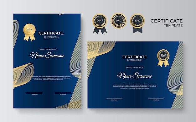 Multifunctioneel certificaat van waardering sjabloon met blauwe en gouden kleur, modern luxe grenscertificaatontwerp met gouden badge